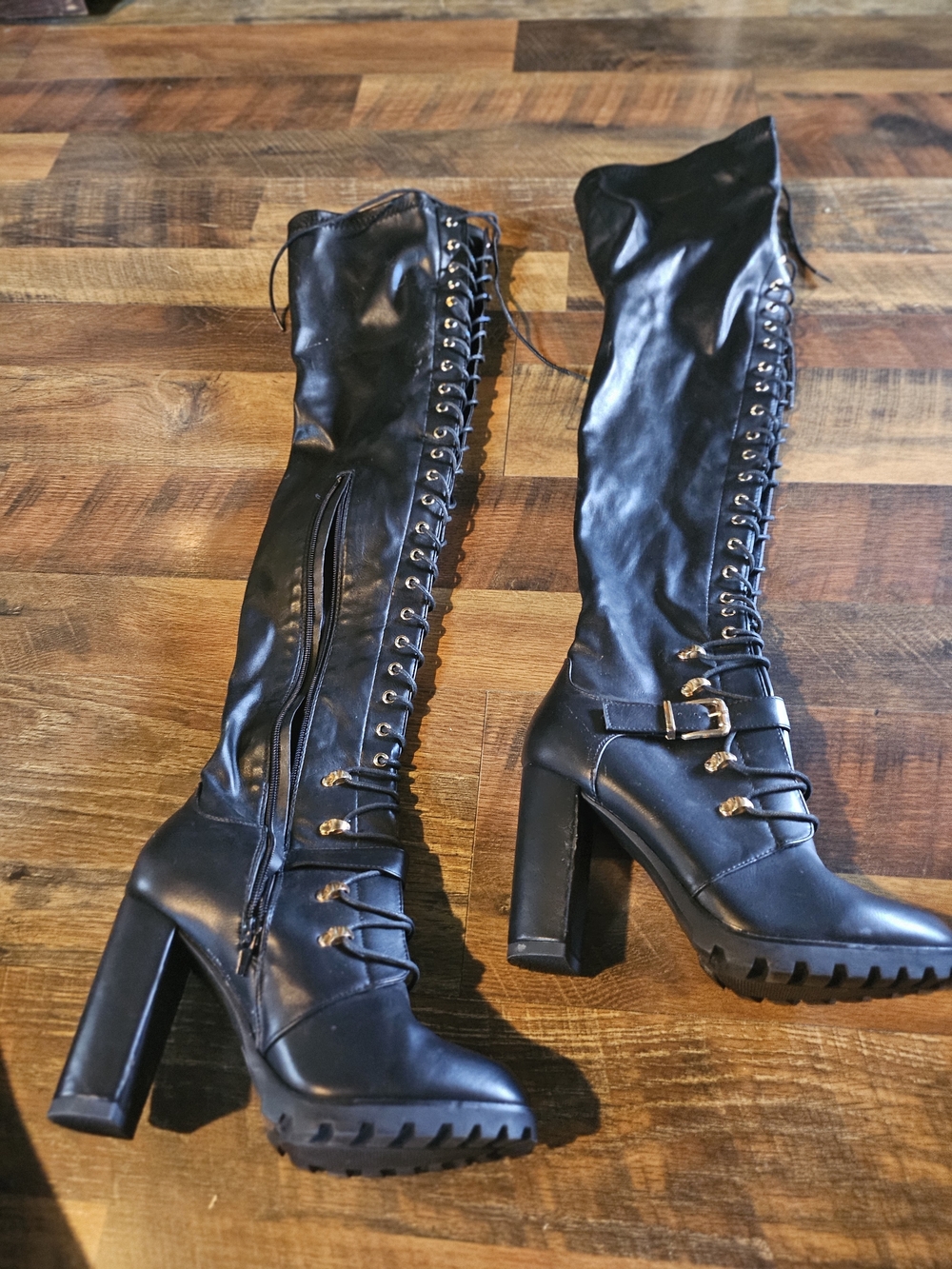 Black Lace-Up High Heel Knee-High Boots with Buckle Detail
